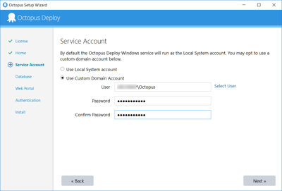 Screen shot of service account selection from Octopus Deploy