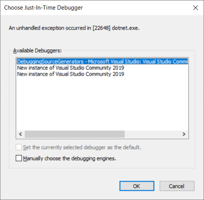 Image of Just-in-Time Debugger Selector dialog