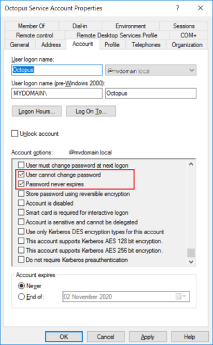 Screen shot of setting password rules on windows account to be used as a service account
