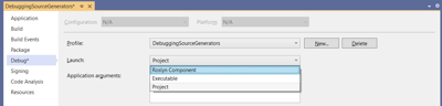 Screen shot of setting Roslyn Component as the launch setting for debugging a source generator project