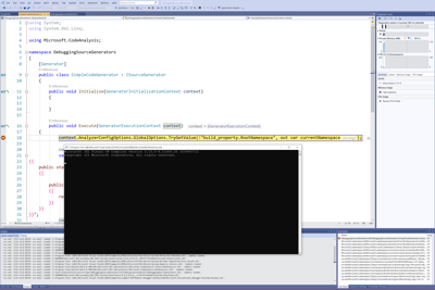Screen shot of debugging as source generator with compiler opened in console